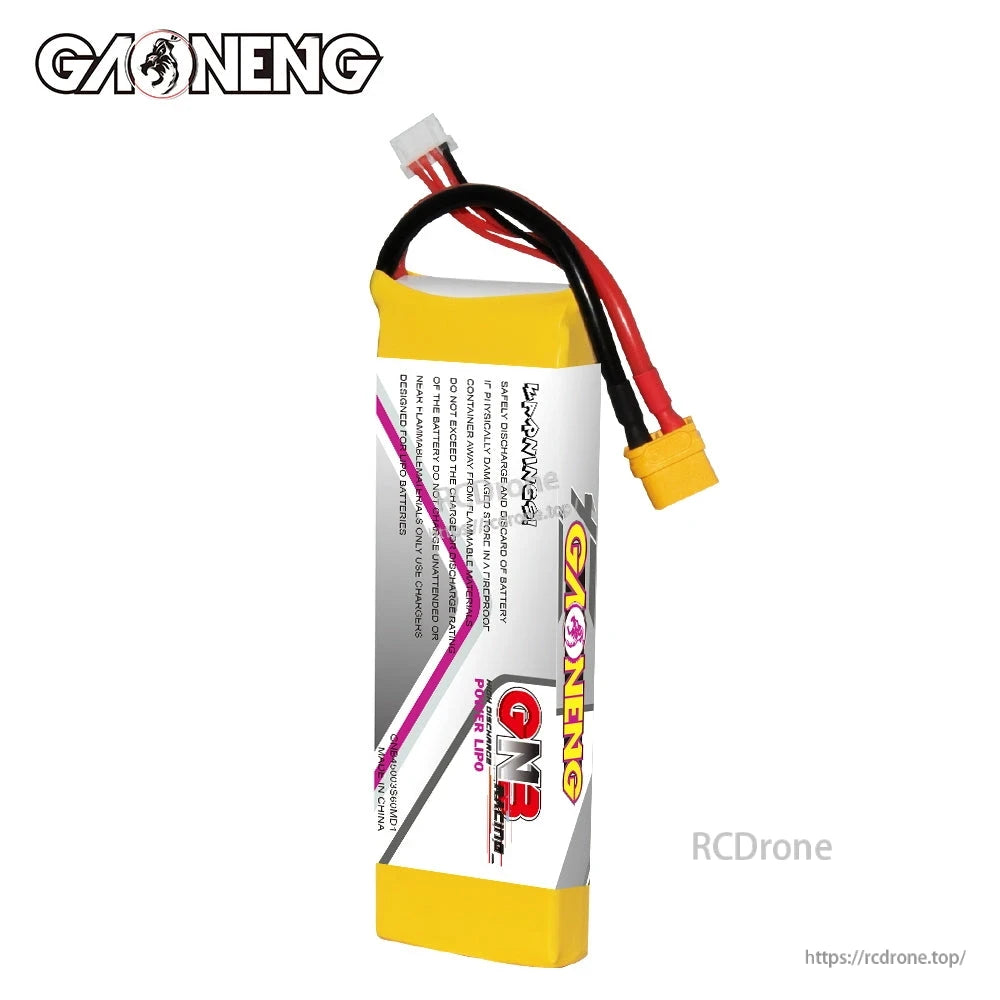 Side view of the LiPo battery showing warning label and XT60 connector lead