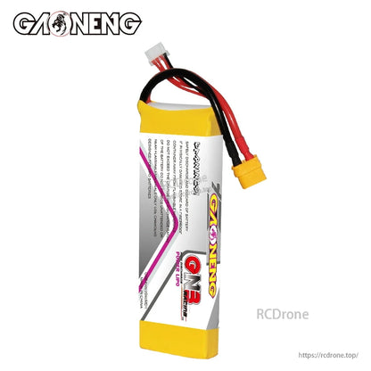 Side view of the LiPo battery showing warning label and XT60 connector lead