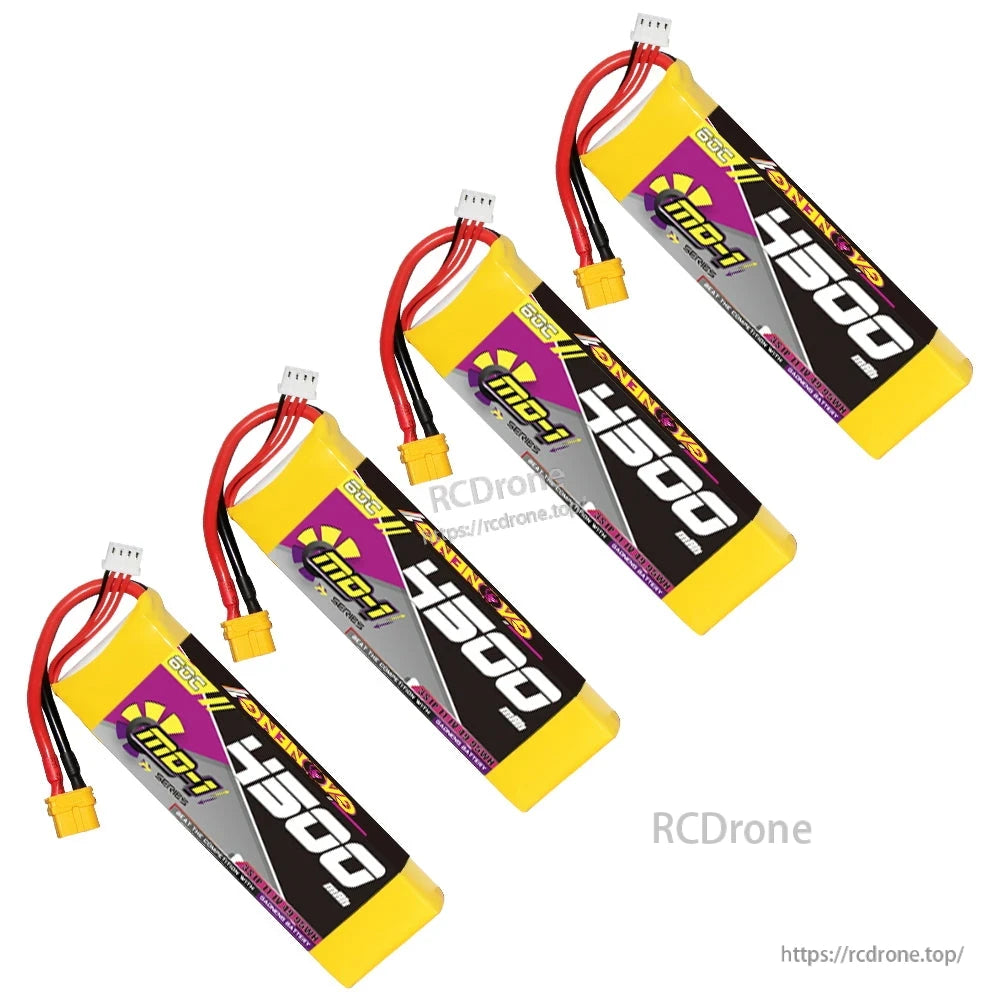 Four angled views of the 3S LiPo battery arranged diagonally on a white background