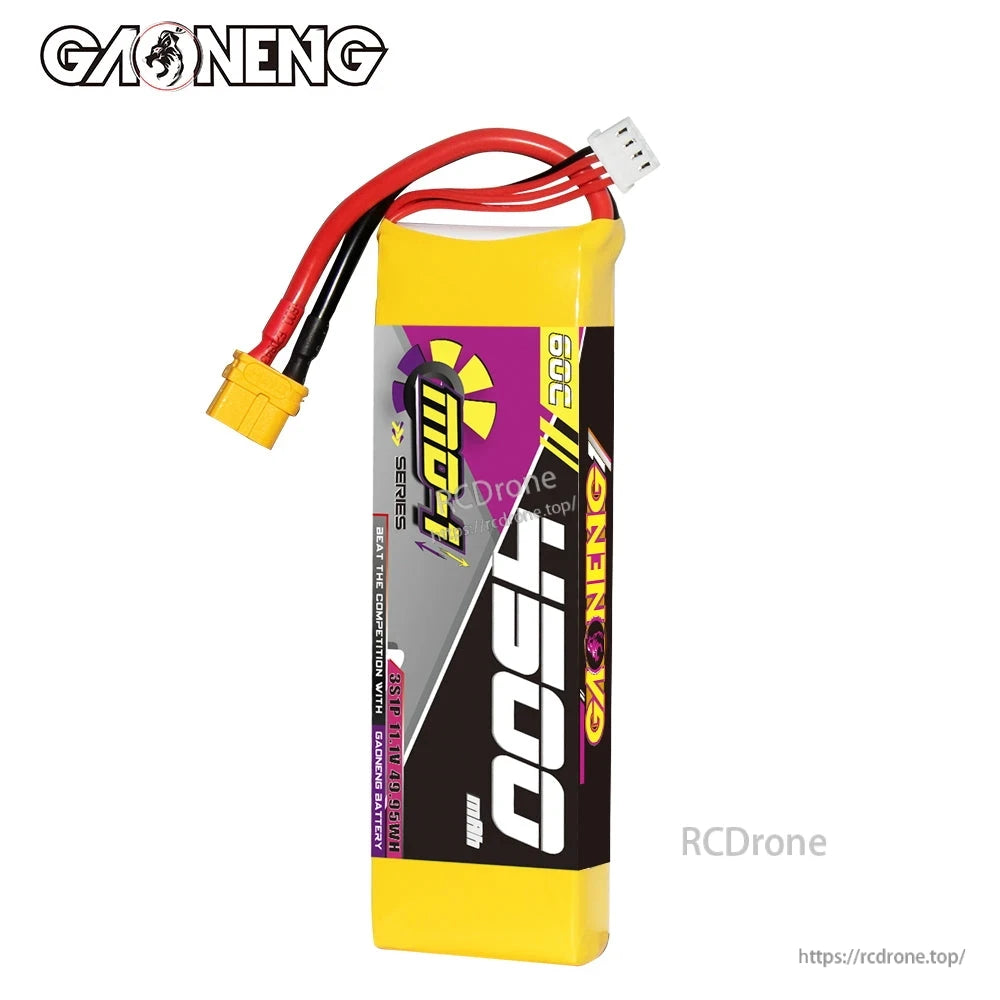Another side view of the 3S 4500mAh battery with balance plug and XT60 connector
