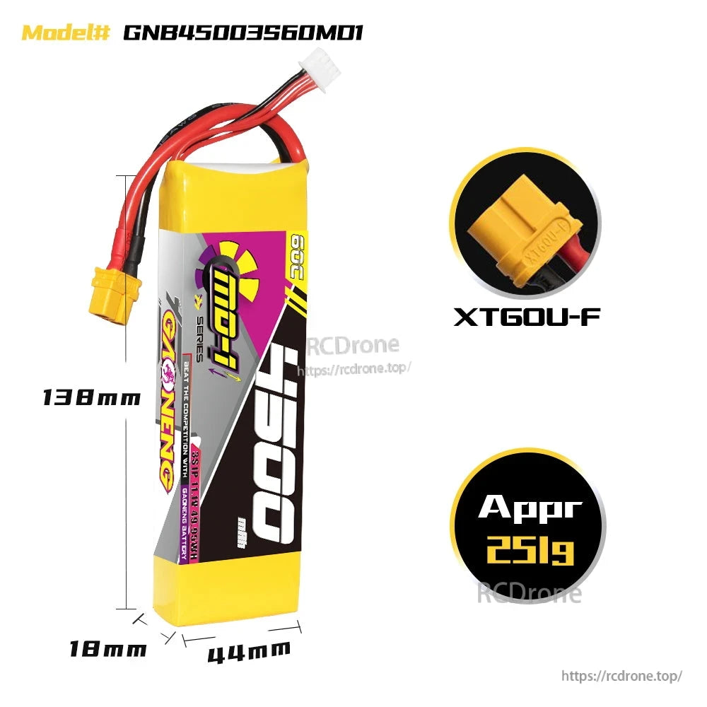 GAONENG GNB MD-1 Series 3S 4500mAh LiPo battery with XT60U-F connector and dimensions