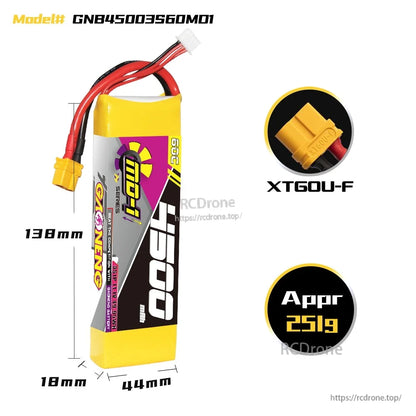 GAONENG GNB MD-1 Series 3S 4500mAh LiPo battery with XT60U-F connector and dimensions