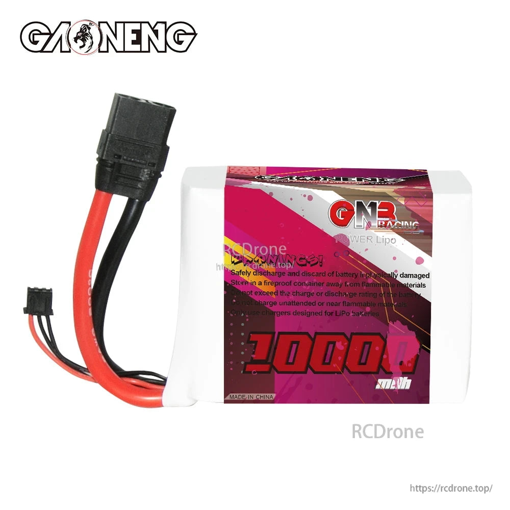 Rear label view of GAONENG GNB battery with safety text and XT90 connector leads