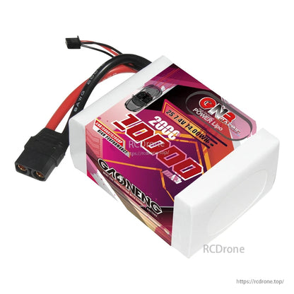 Top and side angle view of GAONENG GNB battery showing white case and lead wire exit