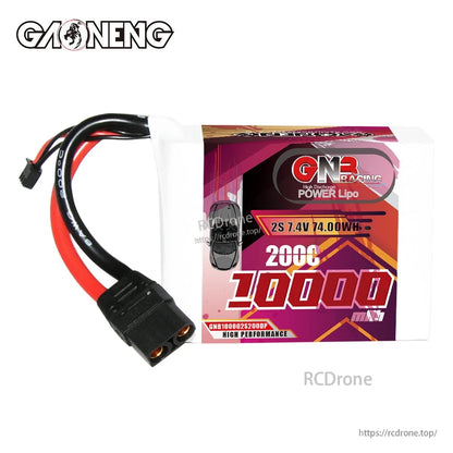 Front label close-up showing 2S 7.4V 10000mAh 200C and XT90 connector on GAONENG GNB pack