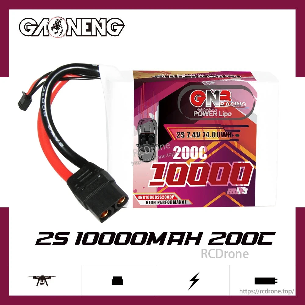 GAONENG GNB100002S200DP 2S 10000mAh 200C LiPo battery XT90 product graphic with model and icons