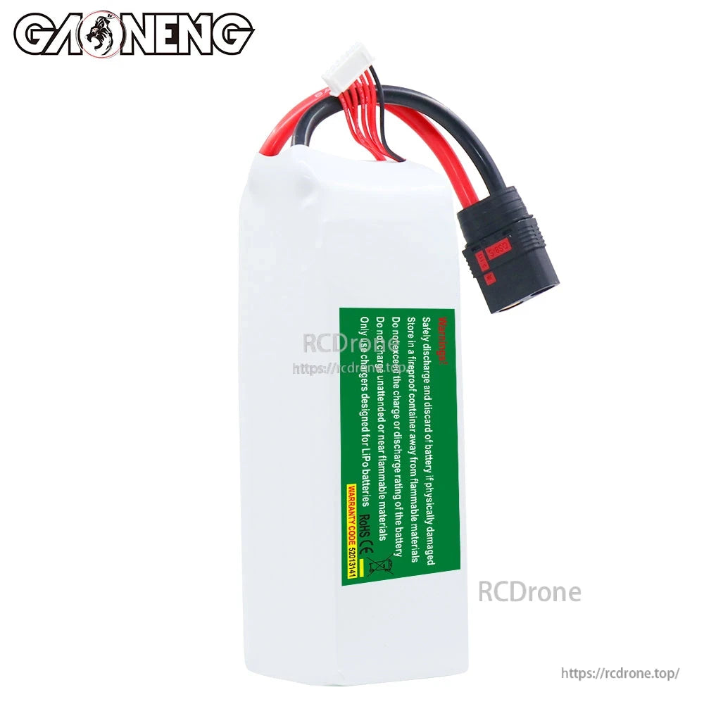 Back view of GAONENG LiPo battery showing green safety warning label and QS8 lead
