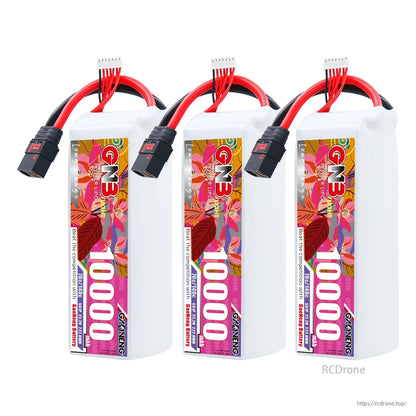 Three GAONENG GNB 10000mAh LiPo batteries lined up, front label view with QS8 connectors