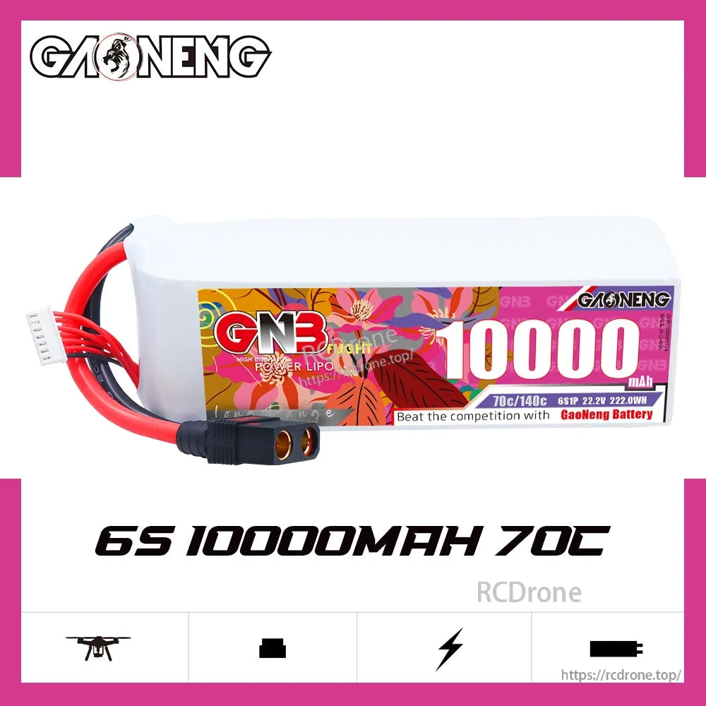 GAONENG GNB 6S 10000mAh 70C LiPo battery 22.2V banner graphic with connector and icons