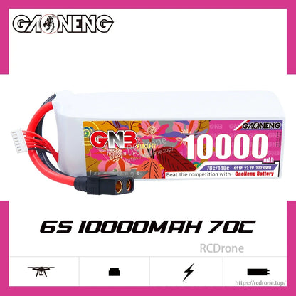 GAONENG GNB 6S 10000mAh 70C LiPo battery 22.2V banner graphic with connector and icons