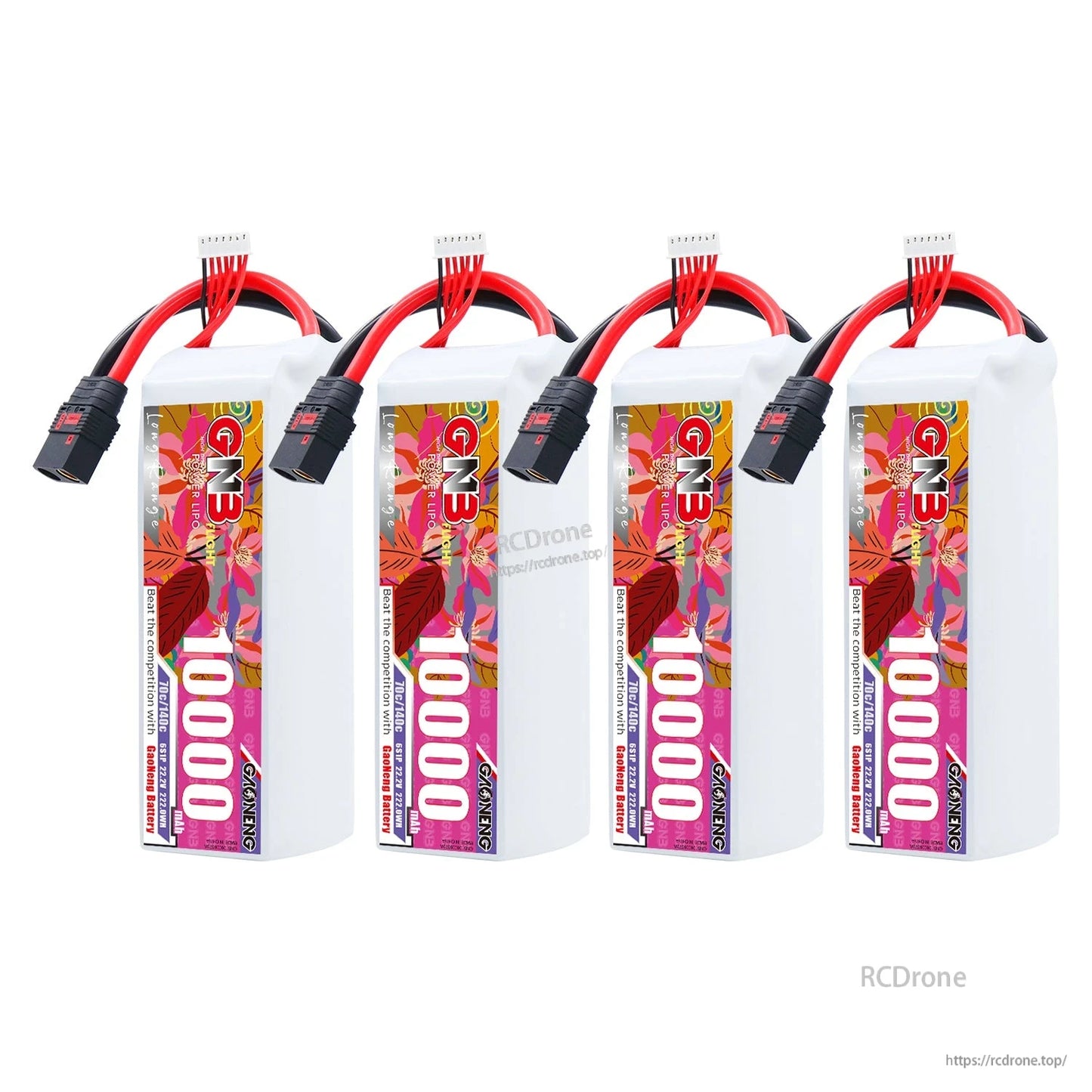 Four GAONENG GNB 10000mAh LiPo batteries arranged side by side, front label view