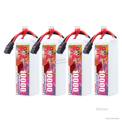 Four GAONENG GNB 10000mAh LiPo batteries arranged side by side, front label view