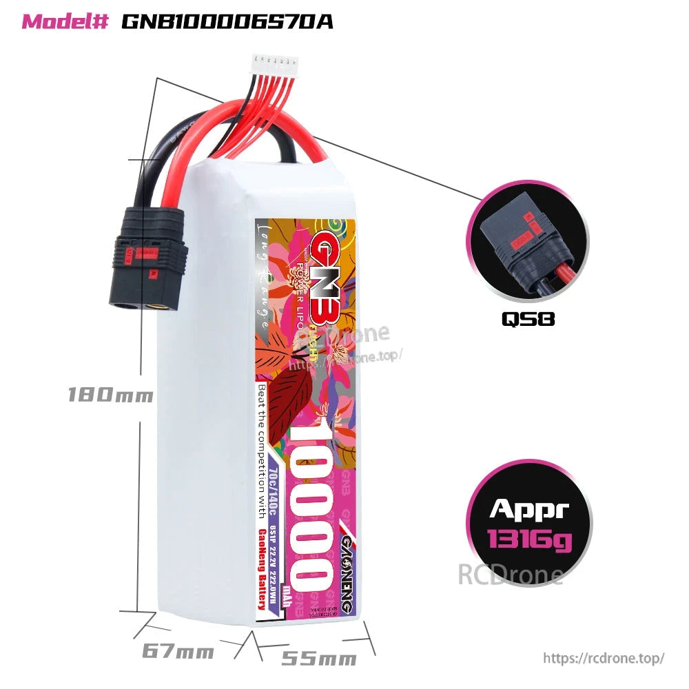 GNB100006S70A battery dimensions 180×67×55mm with QS8 connector and approx 1316g weight