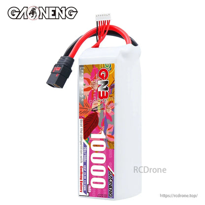 Side profile of GAONENG GNB 10000mAh LiPo battery showing label and balance lead exit