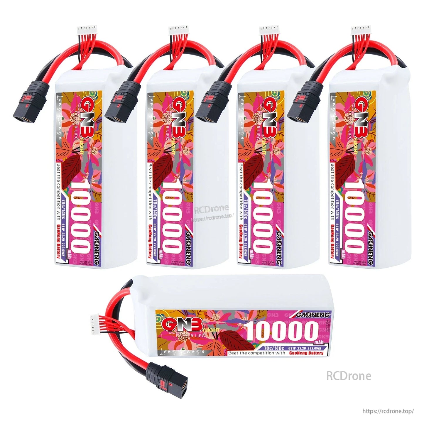 Five GAONENG GNB 10000mAh LiPo batteries shown, four upright and one horizontal display