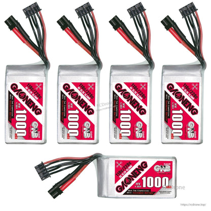 Five GAONENG 1000mAh LiHV 4S batteries shown together, including one horizontal label view