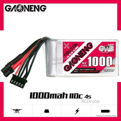 GAONENG GNB 4S 1000mAh LiHV battery graphic showing label and key specs 110C and 15.2V