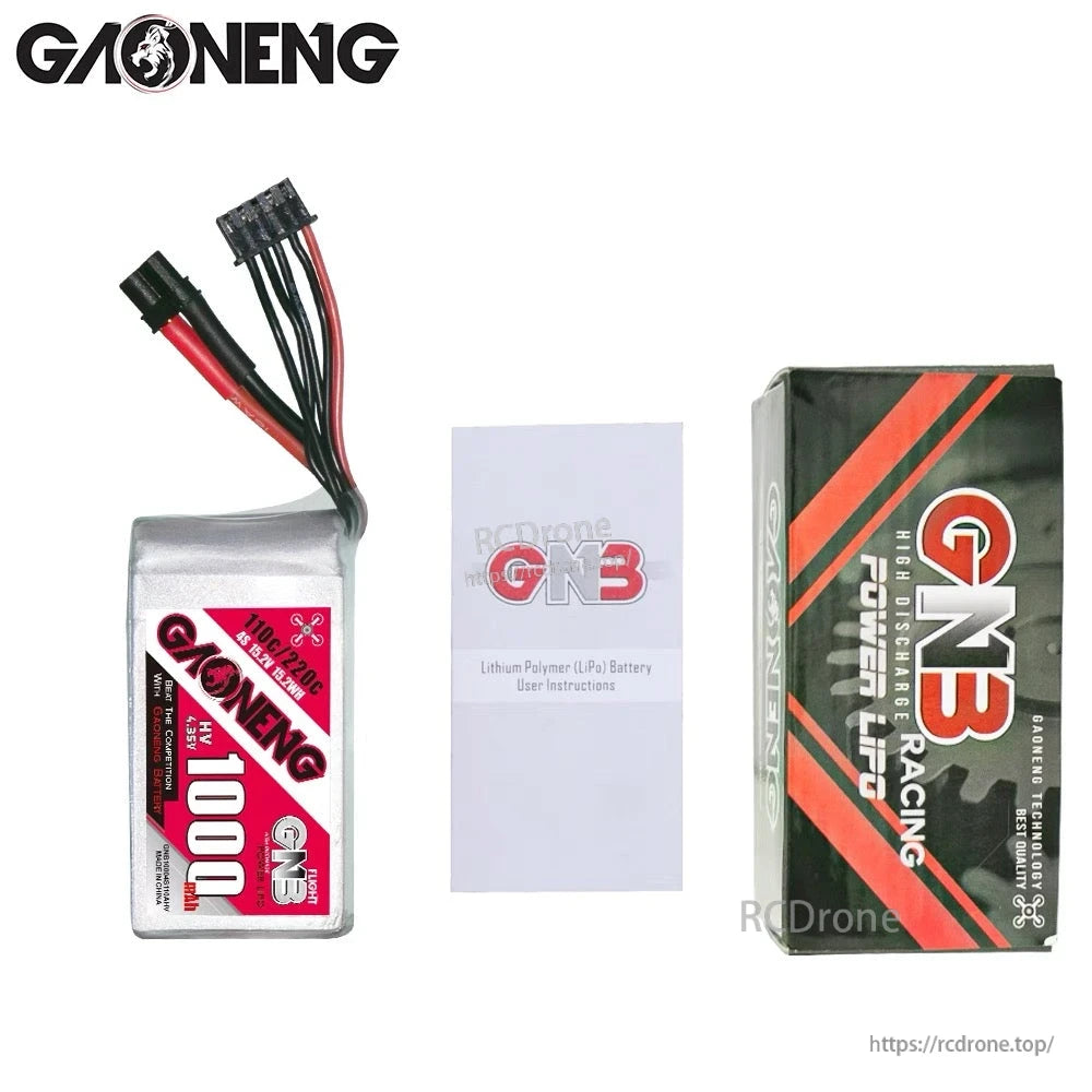Package contents: GAONENG 1000mAh battery, user instruction leaflet, and GNB Racing box