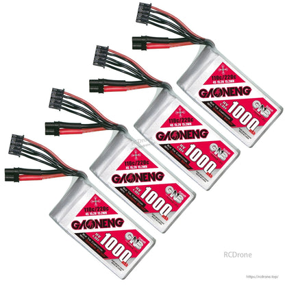 Four GAONENG 1000mAh 4S LiHV batteries arranged diagonally, showing labels and connector leads