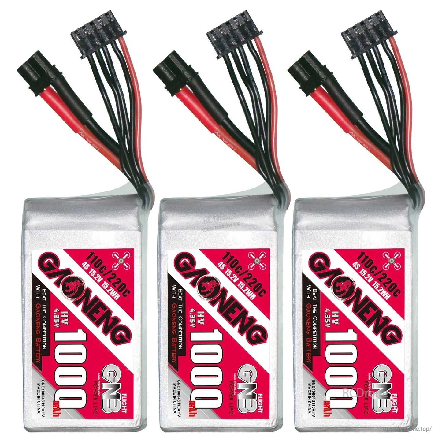Three GAONENG 1000mAh LiHV 4S batteries lined up, front label view with XT30 leads