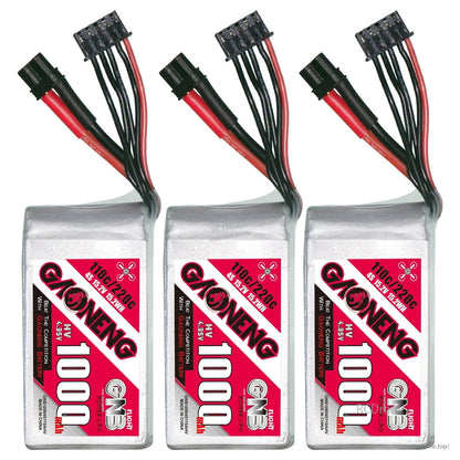 Three GAONENG 1000mAh LiHV 4S batteries lined up, front label view with XT30 leads