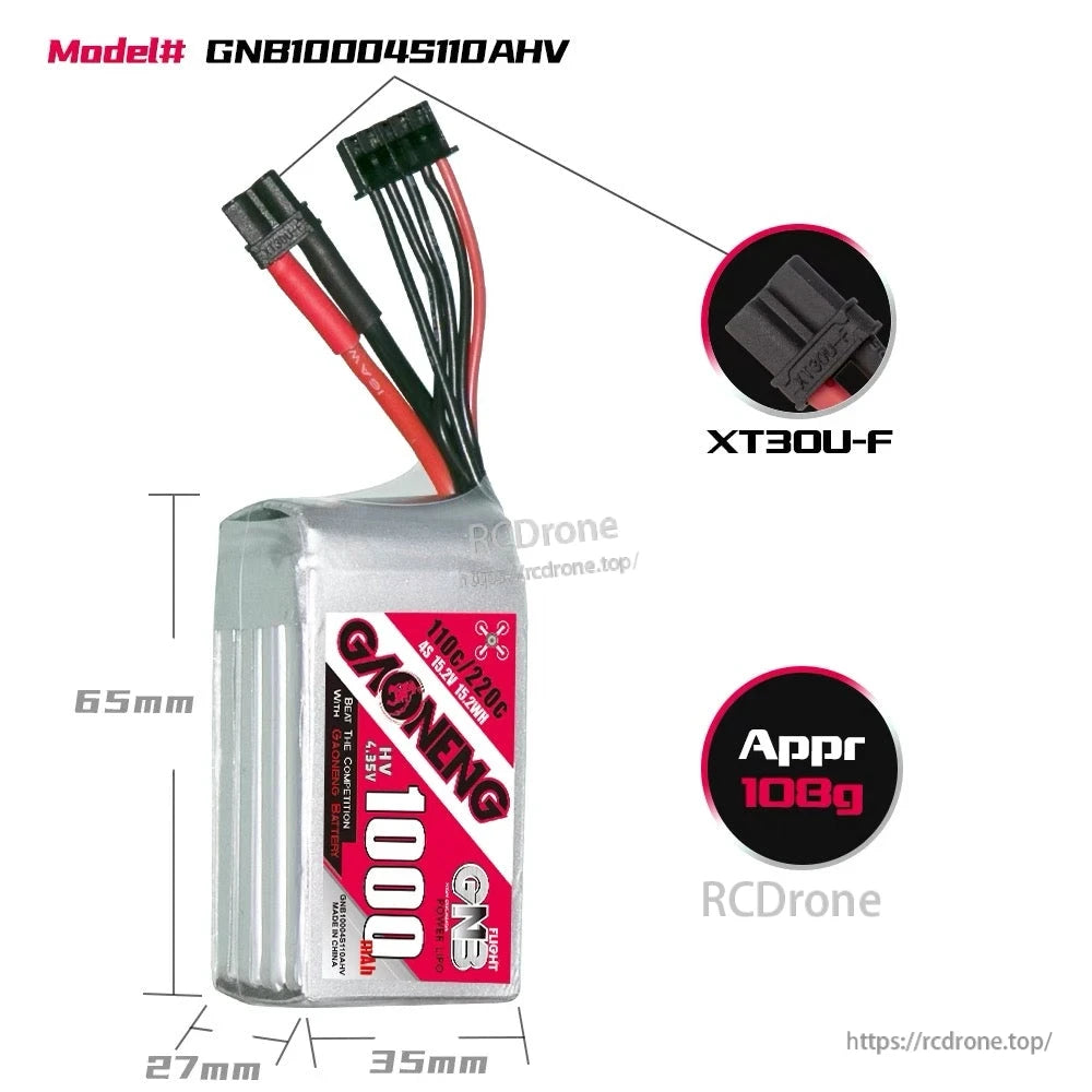 GNB10004S110AHV battery size diagram 65×35×27mm with XT30U-F connector close-up and approx 106g