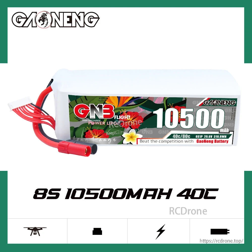 GAONENG GNB 8S 10500mAh 40C LiPo battery side profile on white background with branding