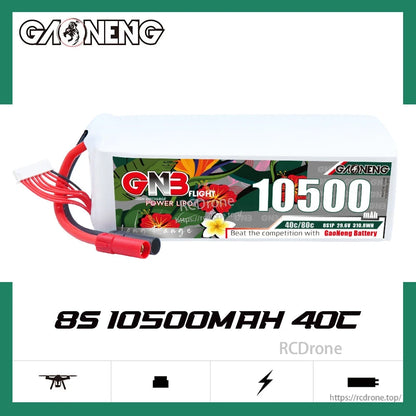 GAONENG GNB 8S 10500mAh 40C LiPo battery side profile on white background with branding