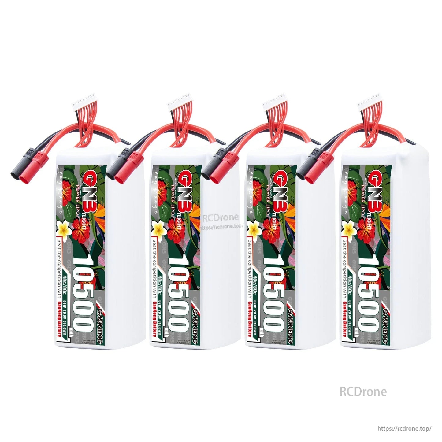 Four upright GNB 10500 batteries lined up, showing matching labels and cable orientation