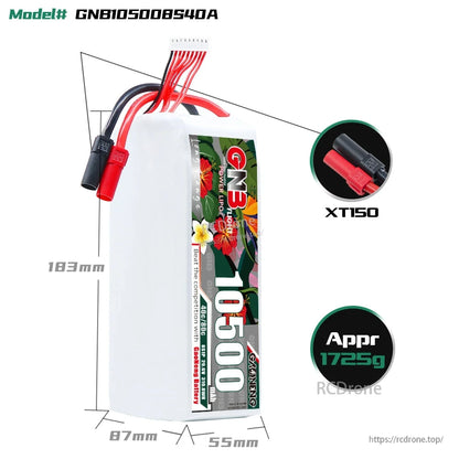 GNB105008S40A battery dimensions diagram with XT150 connector close-up and approx 1725g note