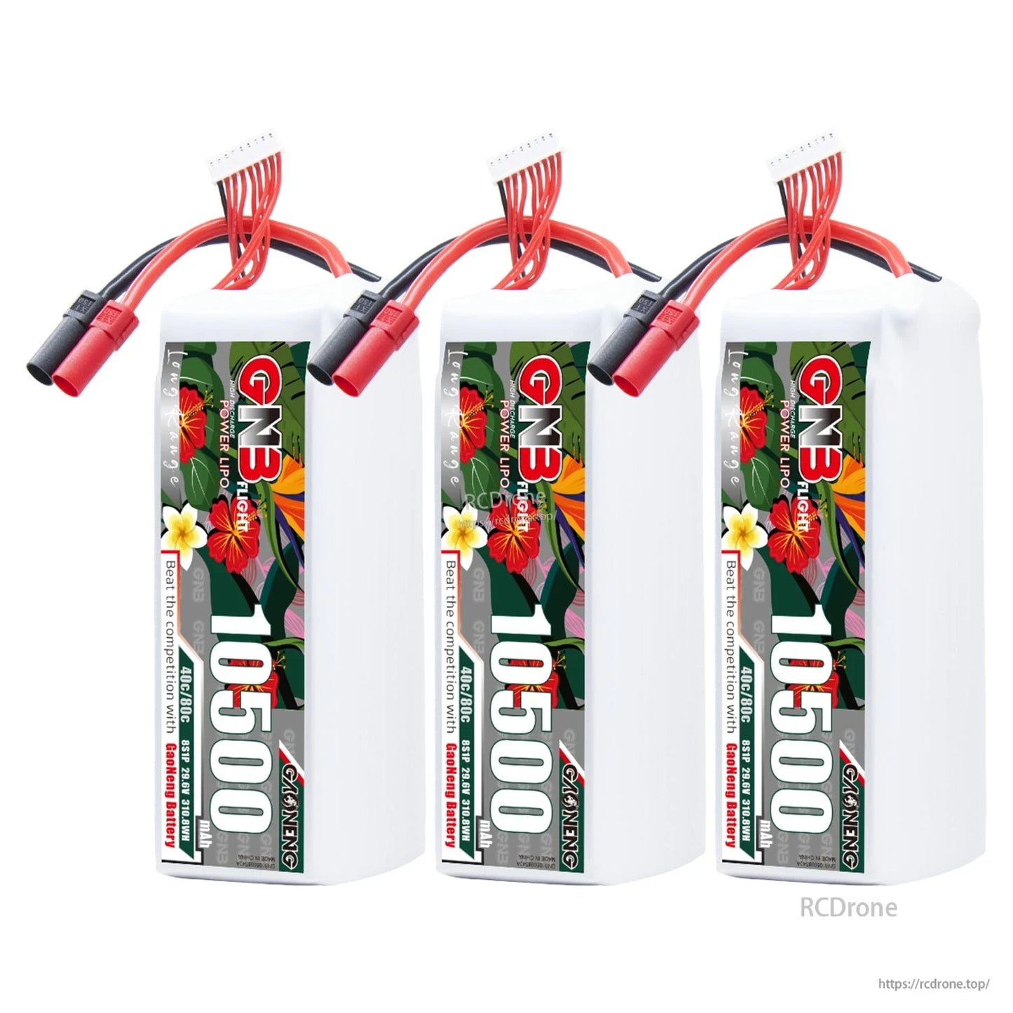 Three-pack display of upright GNB 10500 batteries with connectors and balance leads visible