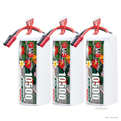 Three-pack display of upright GNB 10500 batteries with connectors and balance leads visible