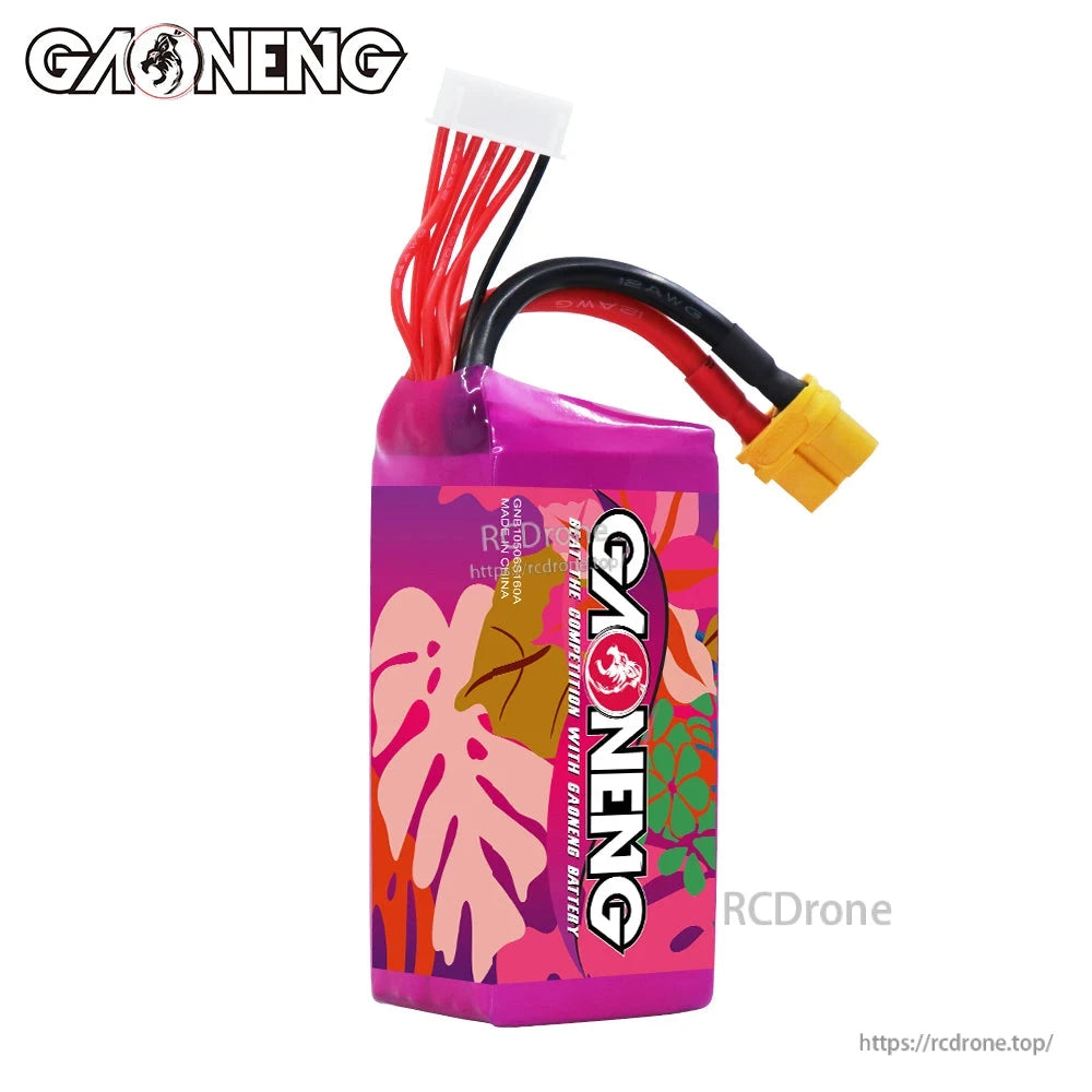 Side view of GAONENG GNB LiPo battery showing GAONENG logo wrap and wire exit