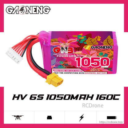 GNB 6S 1050mAh 160C LiPo battery product graphic showing front label and XT60 lead