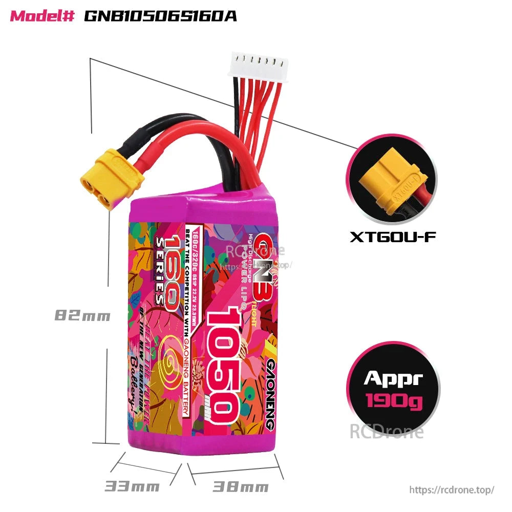GNB10506S160A battery size diagram with dimensions 82×38×33mm, XT60U-F connector, approx 190g
