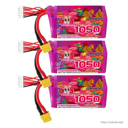 Three-pack set of GNB 1050 LiPo batteries with XT60 connectors and 6S balance leads