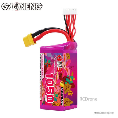 Front view of GNB 1050 battery label with XT60 power lead and 6S balance plug