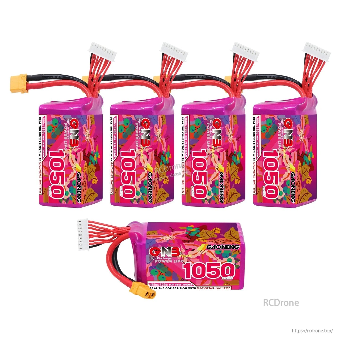 Bundle image showing four standing GAONENG 1050mAh batteries plus one horizontal battery with XT60 plug