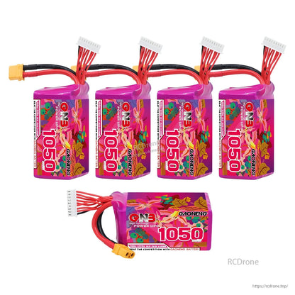 Bundle image showing four standing GAONENG 1050mAh batteries plus one horizontal battery with XT60 plug
