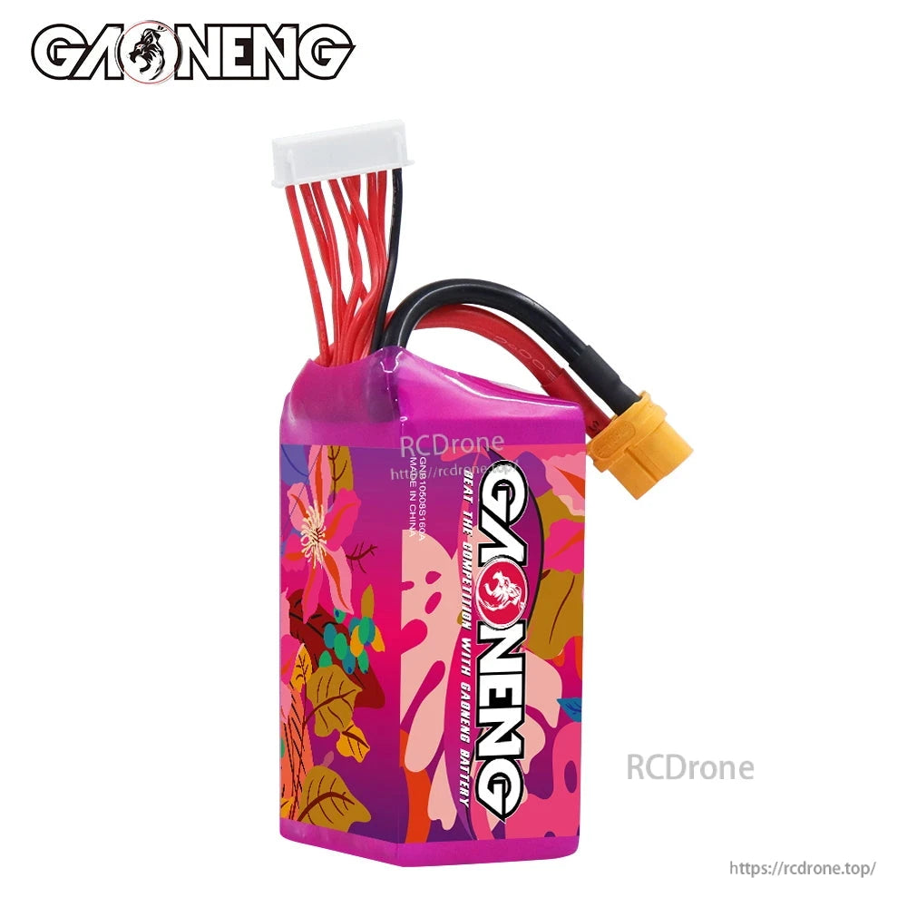 Rear/alternate side view of battery with GAONENG branding, XT60 power lead and white balance plug visible