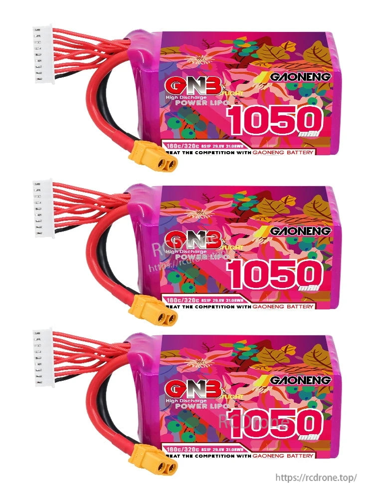 Three GAONENG GNB 1050mAh batteries shown front-on with XT60 leads and balance connectors