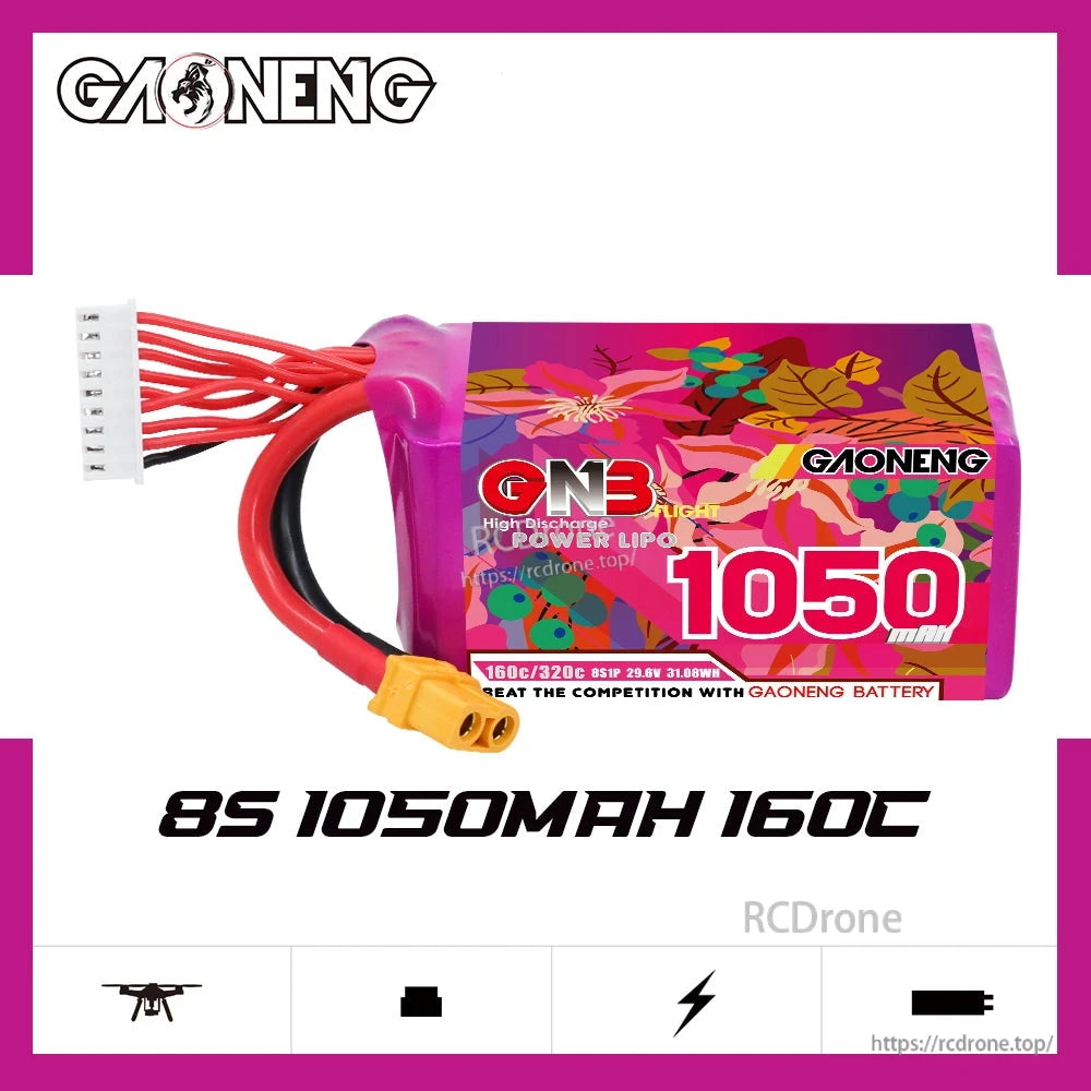 GAONENG GNB10508S160A 8S 1050mAh 160C battery graphic with product photo and large '8S 1050mAh 160C' text