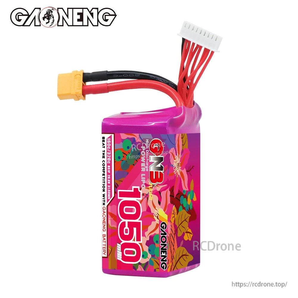 Side view of GAONENG GNB 1050mAh battery showing wire exit, XT60 lead, and balance connector on top