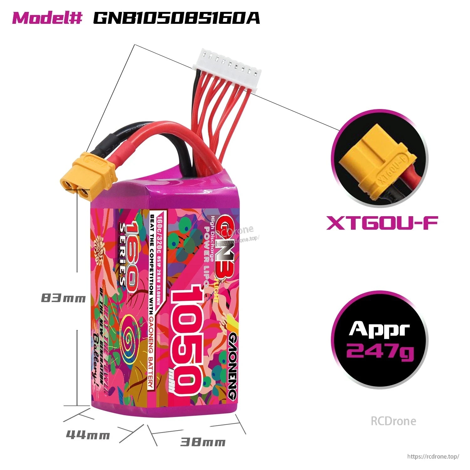 GNB10508S160A size diagram with dimensions 83×44×38 mm, XT60U-F connector close-up, approx 247 g weight