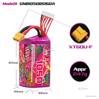 GNB10508S160A size diagram with dimensions 83×44×38 mm, XT60U-F connector close-up, approx 247 g weight