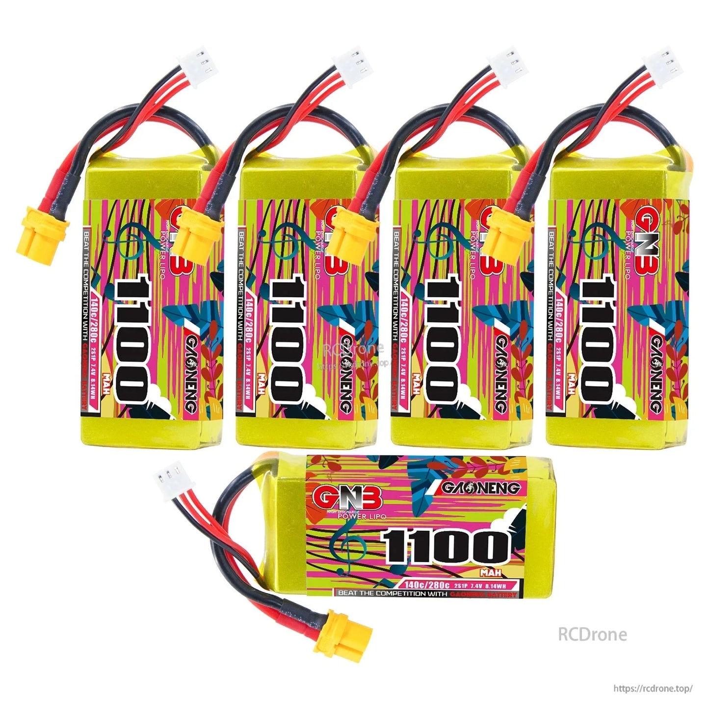 Five GAONENG GNB 1100mAh LiPo batteries plus one horizontal battery showing label and connectors