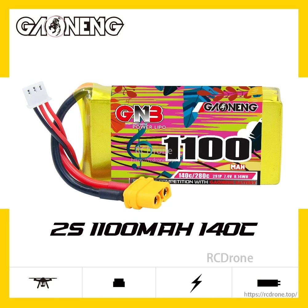 GAONENG GNB11002S140A 2S 1100mAh 140C XT60 LiPo battery on spec graphic background