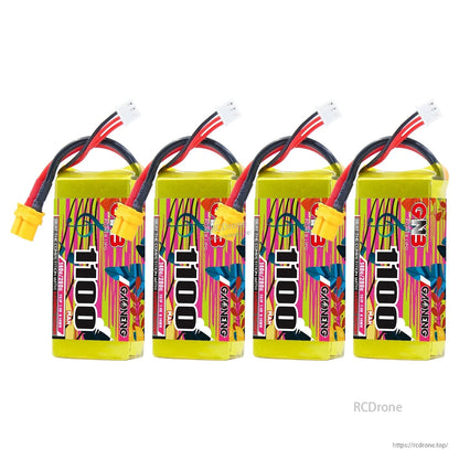 Four GAONENG GNB 1100mAh LiPo batteries arranged side by side with XT60 connectors