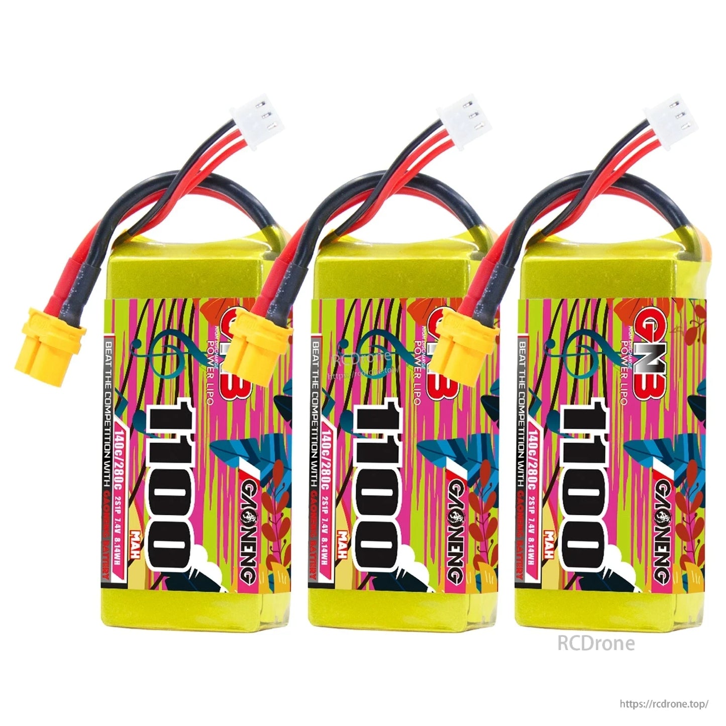 Three GAONENG GNB 1100mAh LiPo batteries lined up, each with XT60 connector and balance plug