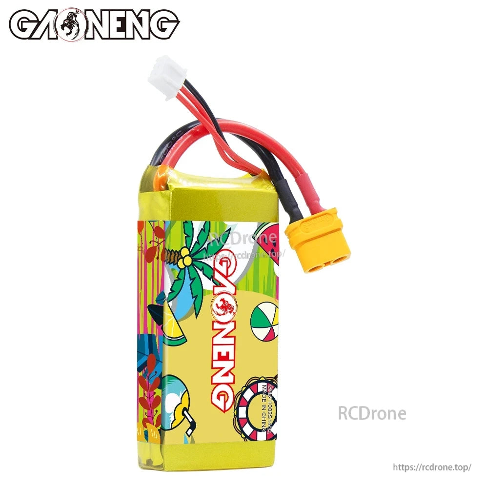 Rear/side view of GAONENG LiPo battery showing back wrap design and lead exit